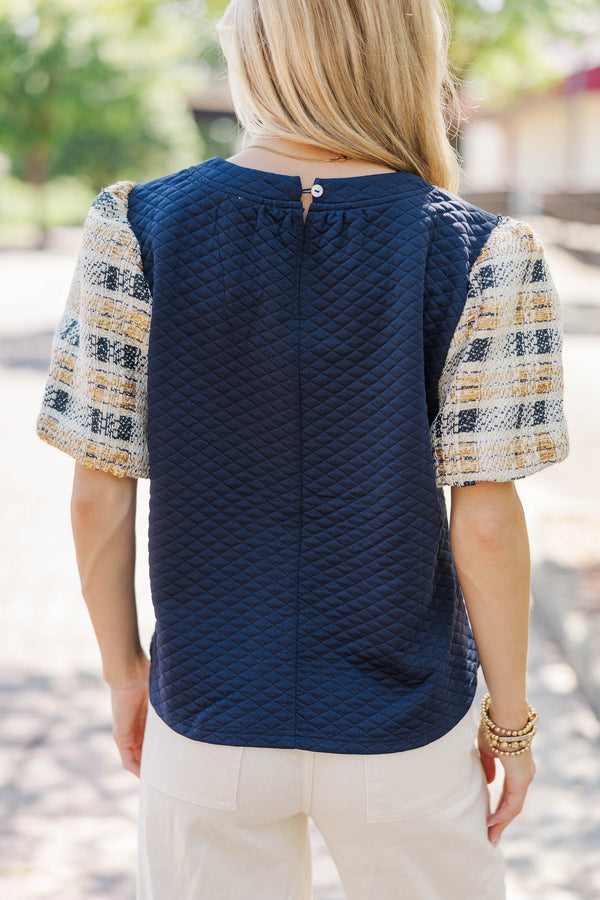 All With Time Navy Tweed Bubble Sleeve Blouse
