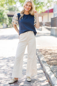All With Time Navy Tweed Bubble Sleeve Blouse