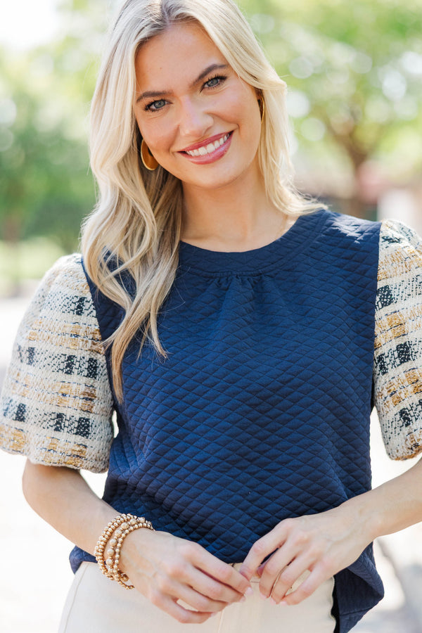 All With Time Navy Tweed Bubble Sleeve Blouse