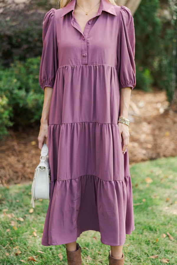 Love Found Plum Tiered Midi Dress