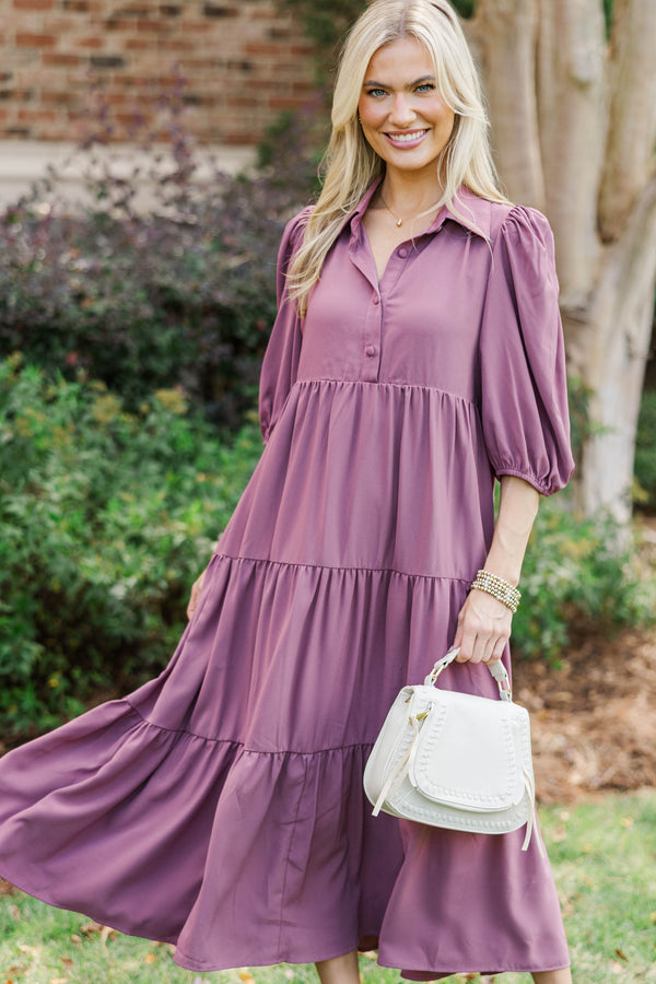 Love Found Plum Tiered Midi Dress