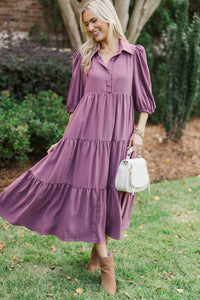 Love Found Plum Tiered Midi Dress