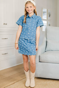 Girls: Taking My Time Denim Bow Print Skirt