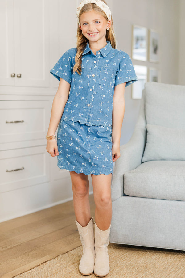 Girls: Taking My Time Denim Bow Print Skirt