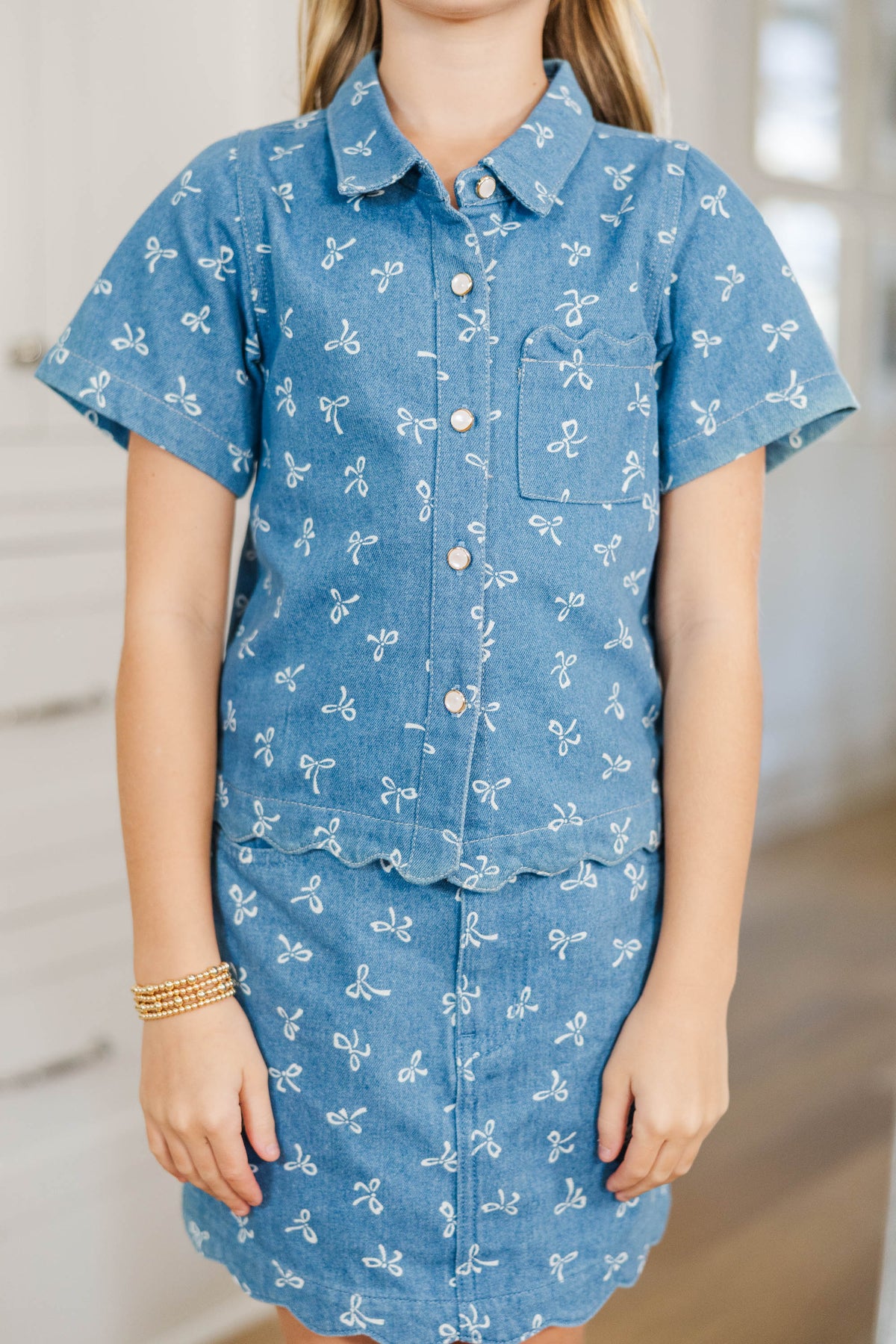 Girls Blue Denim Bow Applique Top & Shorts Co-ord Sets main image 0