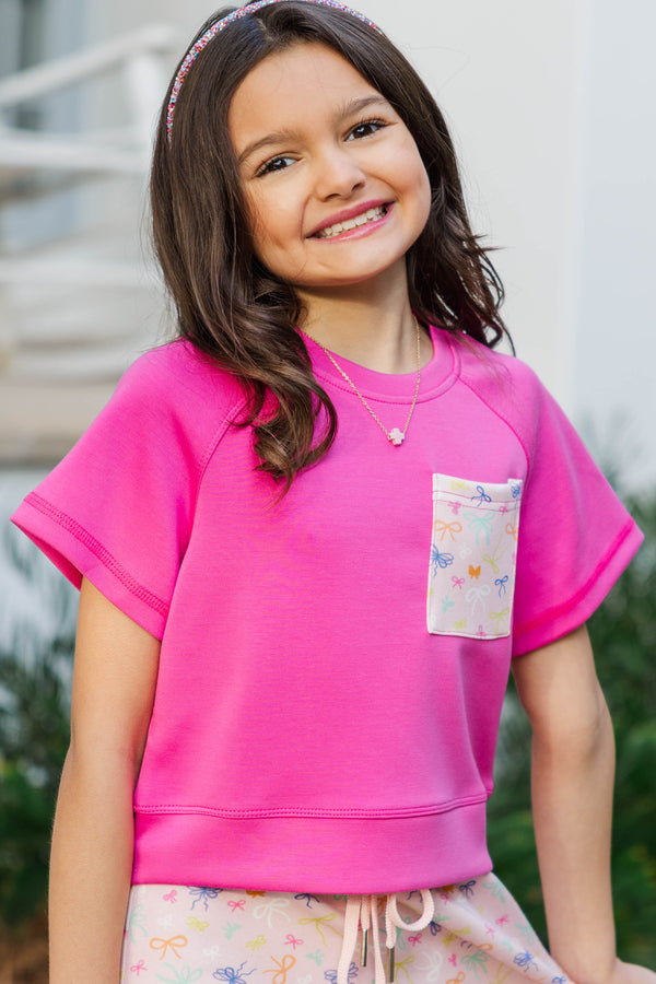 Girls: Casually Cute Pink Bow Print Pocket Tee