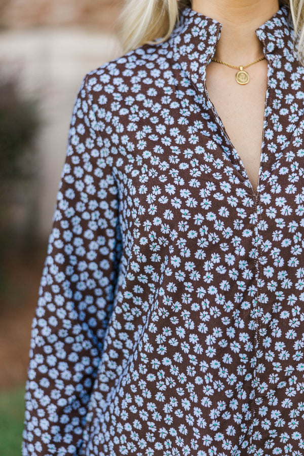 Make It Count Brown Ditsy Floral Corduroy Dress