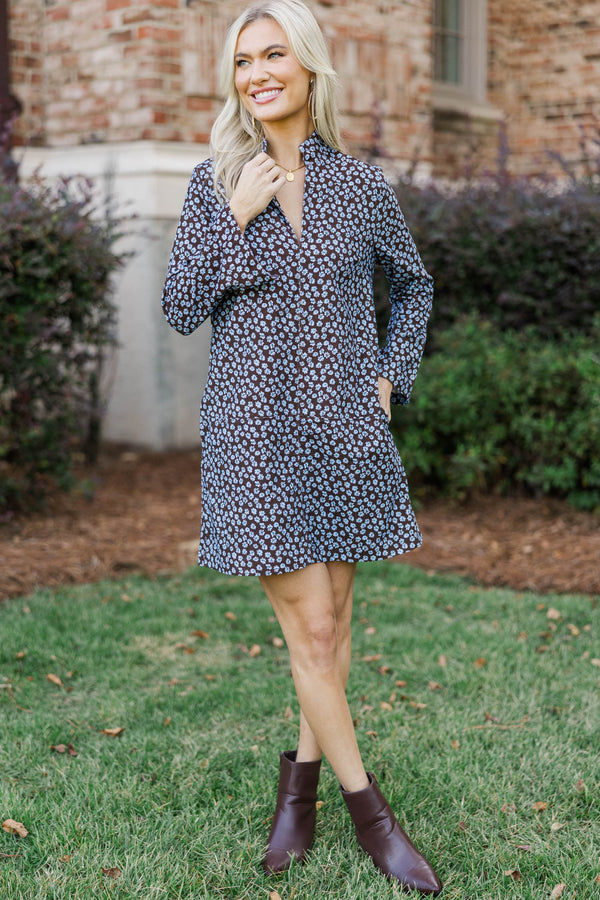 Make It Count Brown Ditsy Floral Corduroy Dress