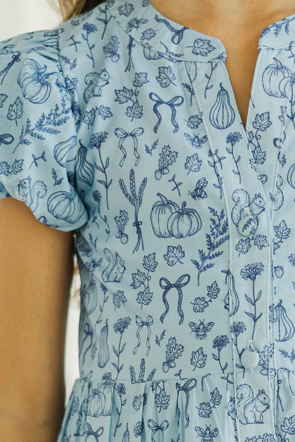 Girls: Perfect For You Light Blue Harvest Toile Dress