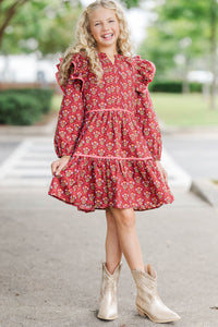 Girls: At This Time Burgundy Bow Print L/S Babydoll Dress