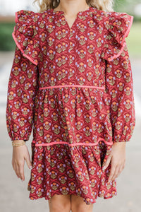 Girls: At This Time Burgundy Bow Print L/S Babydoll Dress