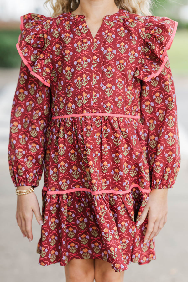 Girls: At This Time Burgundy Bow Print L/S Babydoll Dress