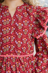 Girls: At This Time Burgundy Bow Print L/S Babydoll Dress