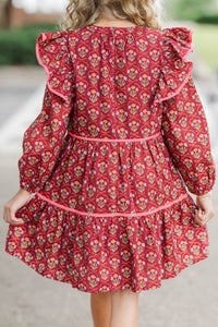 Girls: At This Time Burgundy Bow Print L/S Babydoll Dress