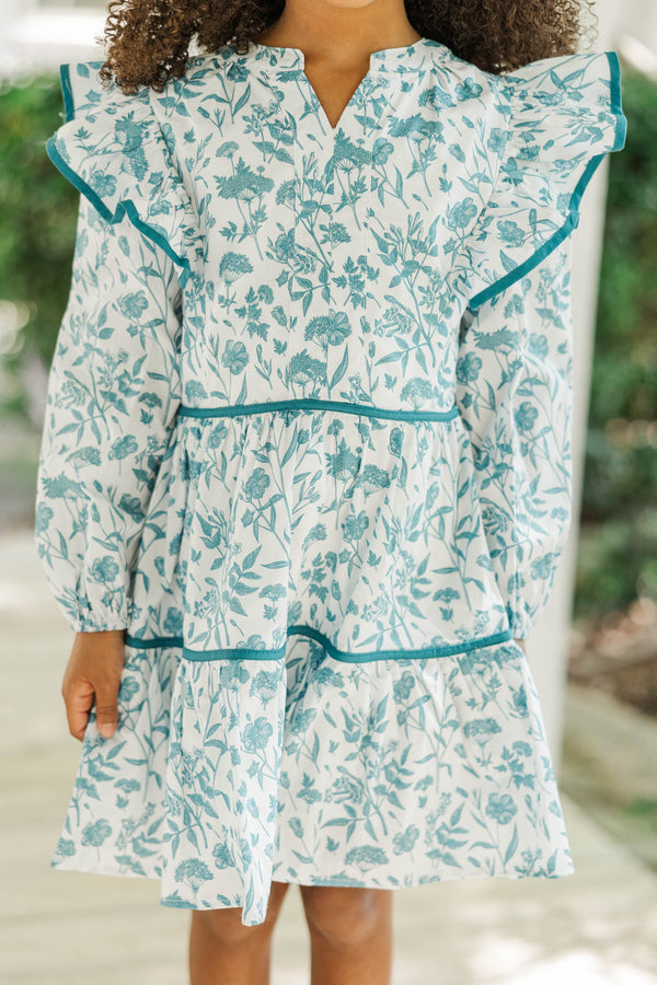 Girls: At This Time Teal Toile Green L/S Babydoll Dress