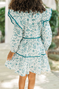 Girls: At This Time Teal Toile Green L/S Babydoll Dress