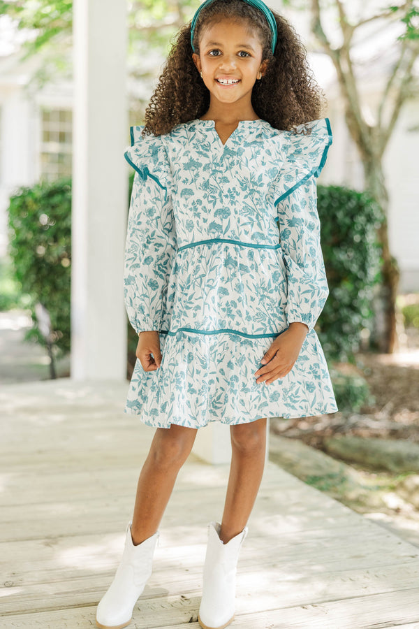 Girls: At This Time Teal Toile Green L/S Babydoll Dress