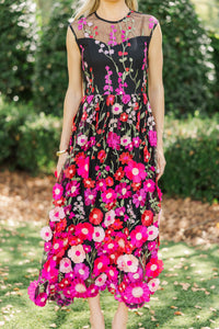 Right In Front Of You Black Embroidered Floral Midi Dress