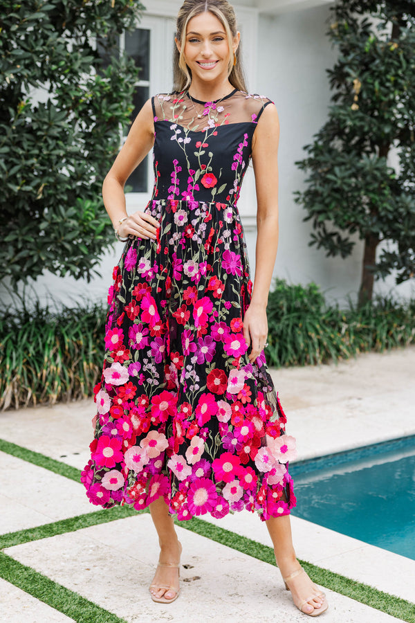 Right In Front Of You Black Embroidered Floral Midi Dress