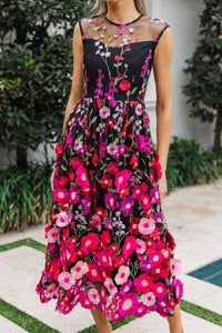 Right In Front Of You Black Embroidered Floral Midi Dress