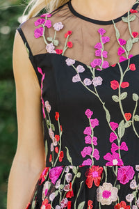 Right In Front Of You Black Embroidered Floral Midi Dress