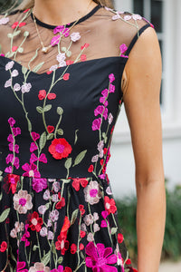 Right In Front Of You Black Embroidered Floral Midi Dress
