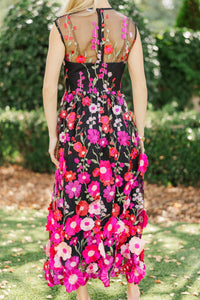 Right In Front Of You Black Embroidered Floral Midi Dress