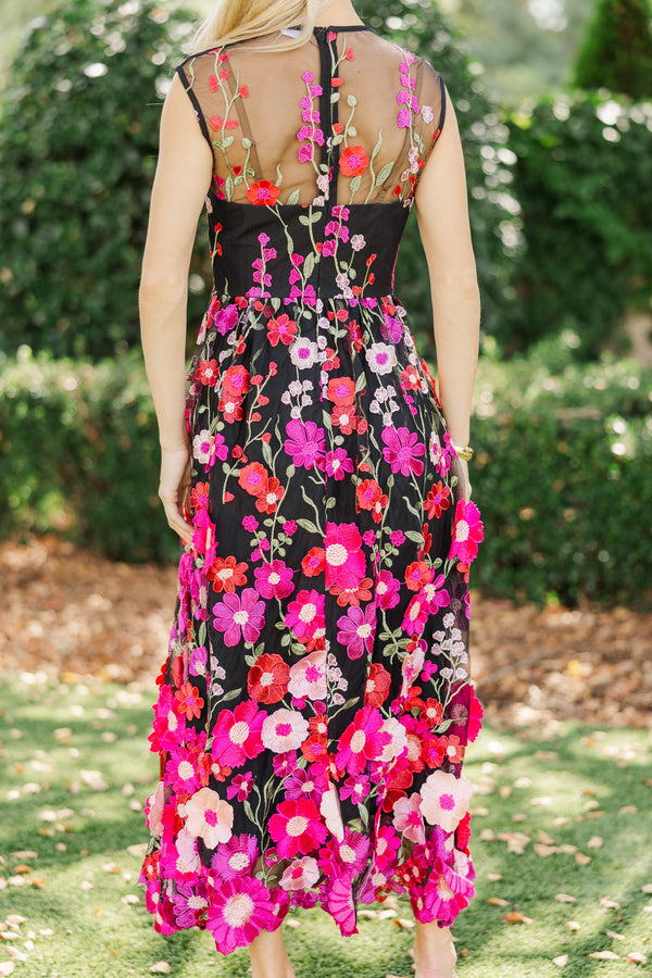 Right In Front Of You Black Embroidered Floral Midi Dress