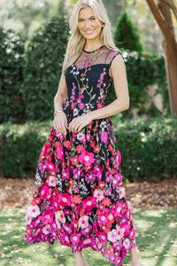 Right In Front Of You Black Embroidered Floral Midi Dress