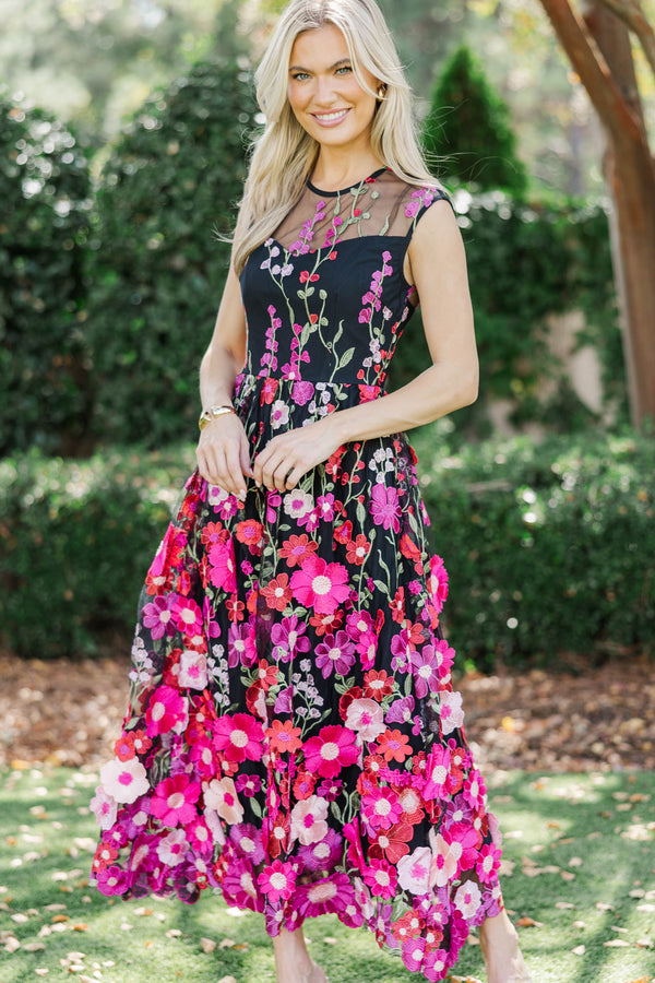 Right In Front Of You Black Embroidered Floral Midi Dress