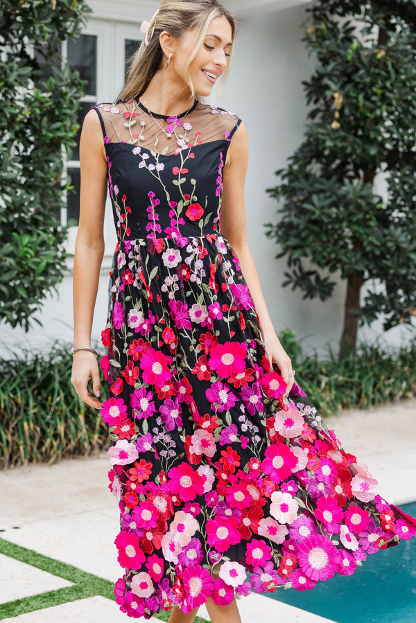 Right In Front Of You Black Embroidered Floral Midi Dress