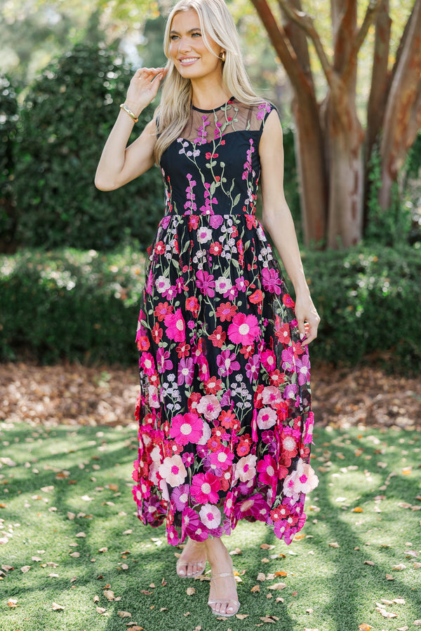 Right In Front Of You Black Embroidered Floral Midi Dress