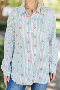 Back To Work Green Pumpkin Embroidery Stripe Shirt