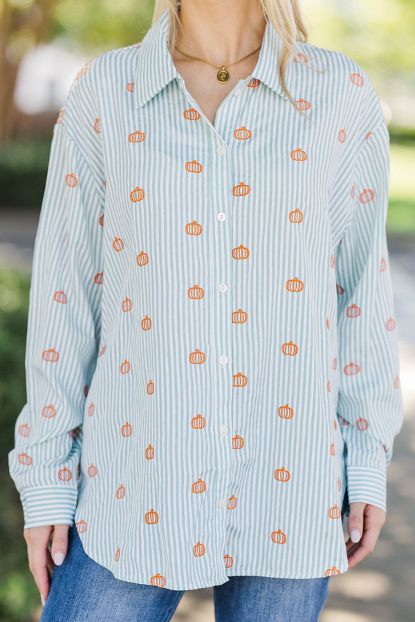 Back To Work Green Pumpkin Embroidery Stripe Shirt