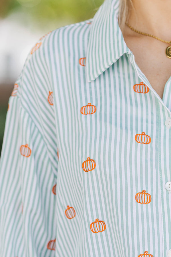 Back To Work Green Pumpkin Embroidery Stripe Shirt