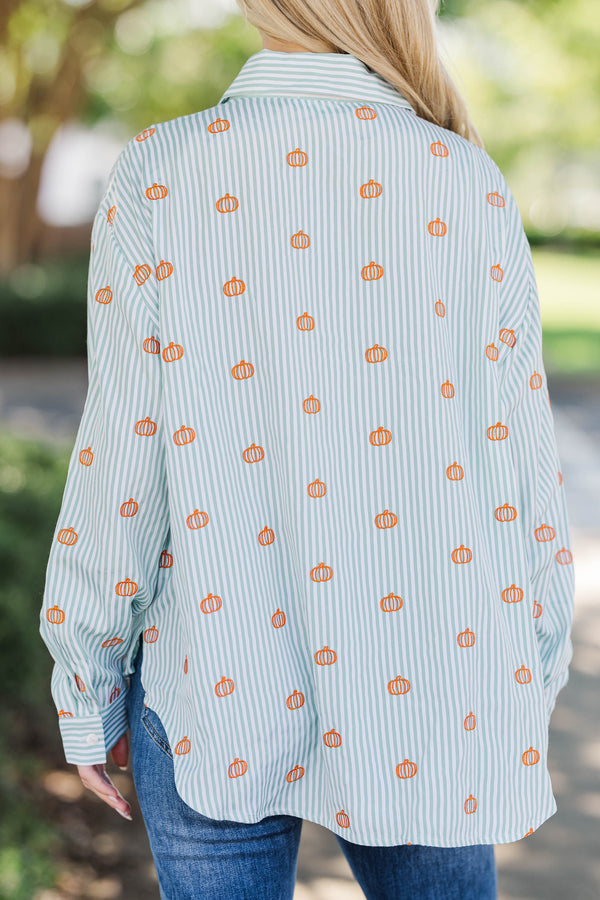Back To Work Green Pumpkin Embroidery Stripe Shirt