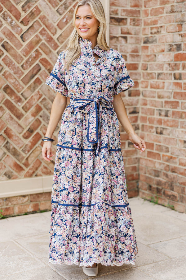 The Victorious Navy Floral Eyelet Maxi Dress