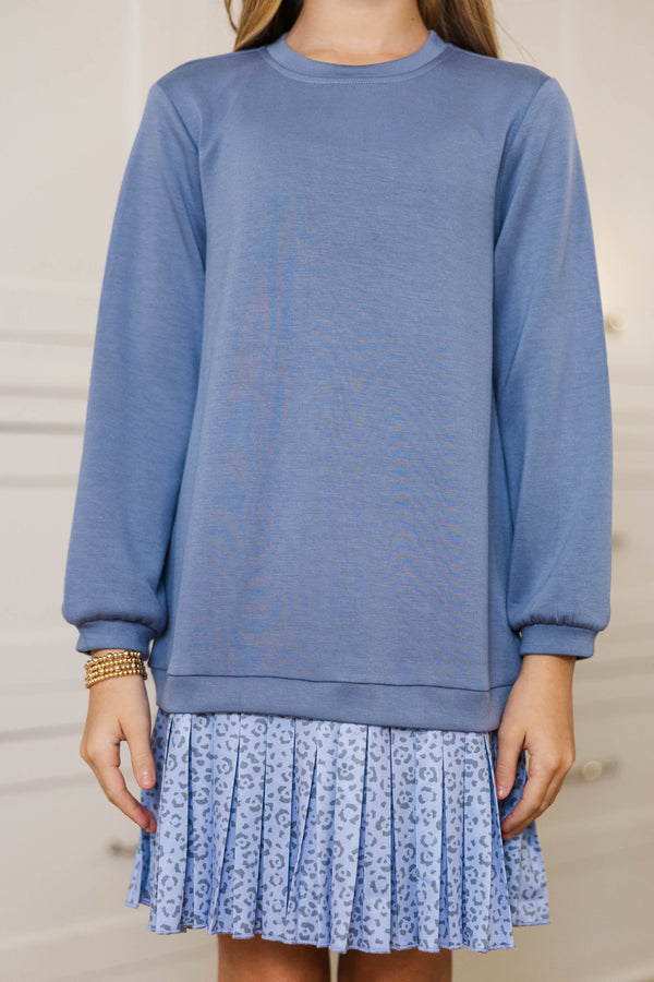 Girls: Roam Free Blue Leopard Print Sweatshirt Dress