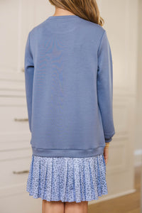 Girls: Roam Free Blue Leopard Print Sweatshirt Dress