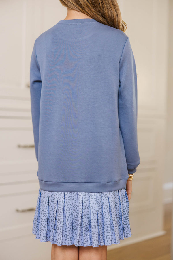 Girls: Roam Free Blue Leopard Print Sweatshirt Dress