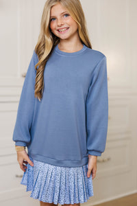 Girls: Roam Free Blue Leopard Print Sweatshirt Dress