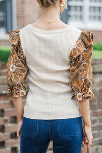 Delicate Days Taupe Floral Blouse