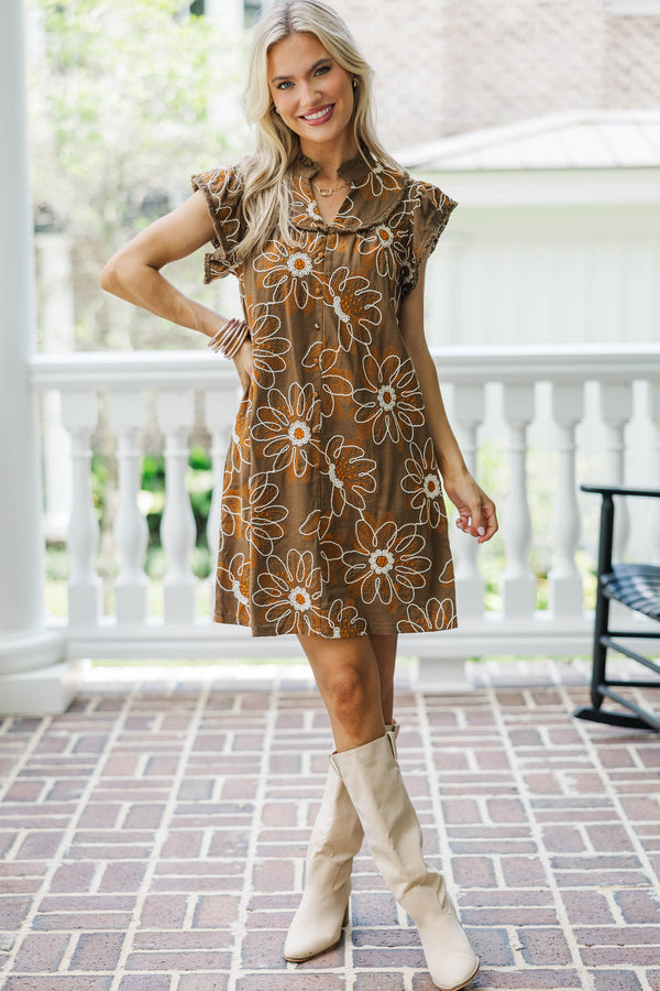Thoughts Unfolding Brown Floral Dress