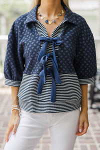 A Cool Contrast Navy Blouse