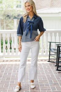A Cool Contrast Navy Blouse