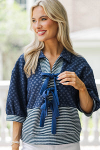 A Cool Contrast Navy Blouse