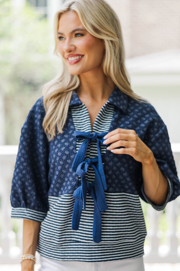 A Cool Contrast Navy Blouse