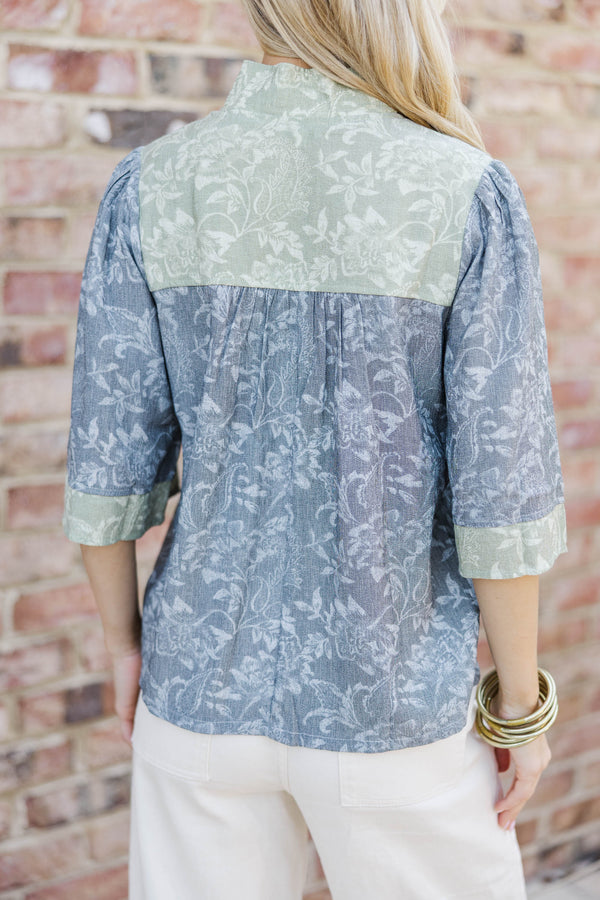 Fade Into The Flowers Heather Gray Floral Blouse