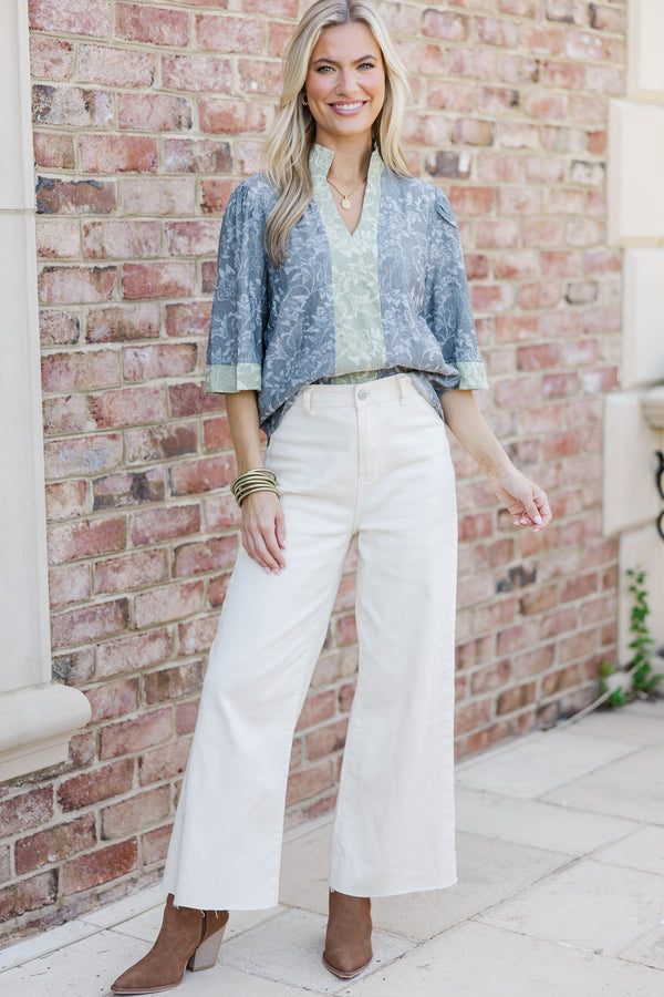 Fade Into The Flowers Heather Gray Floral Blouse