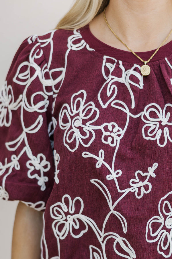Spending Time Together Burgundy Floral Blouse